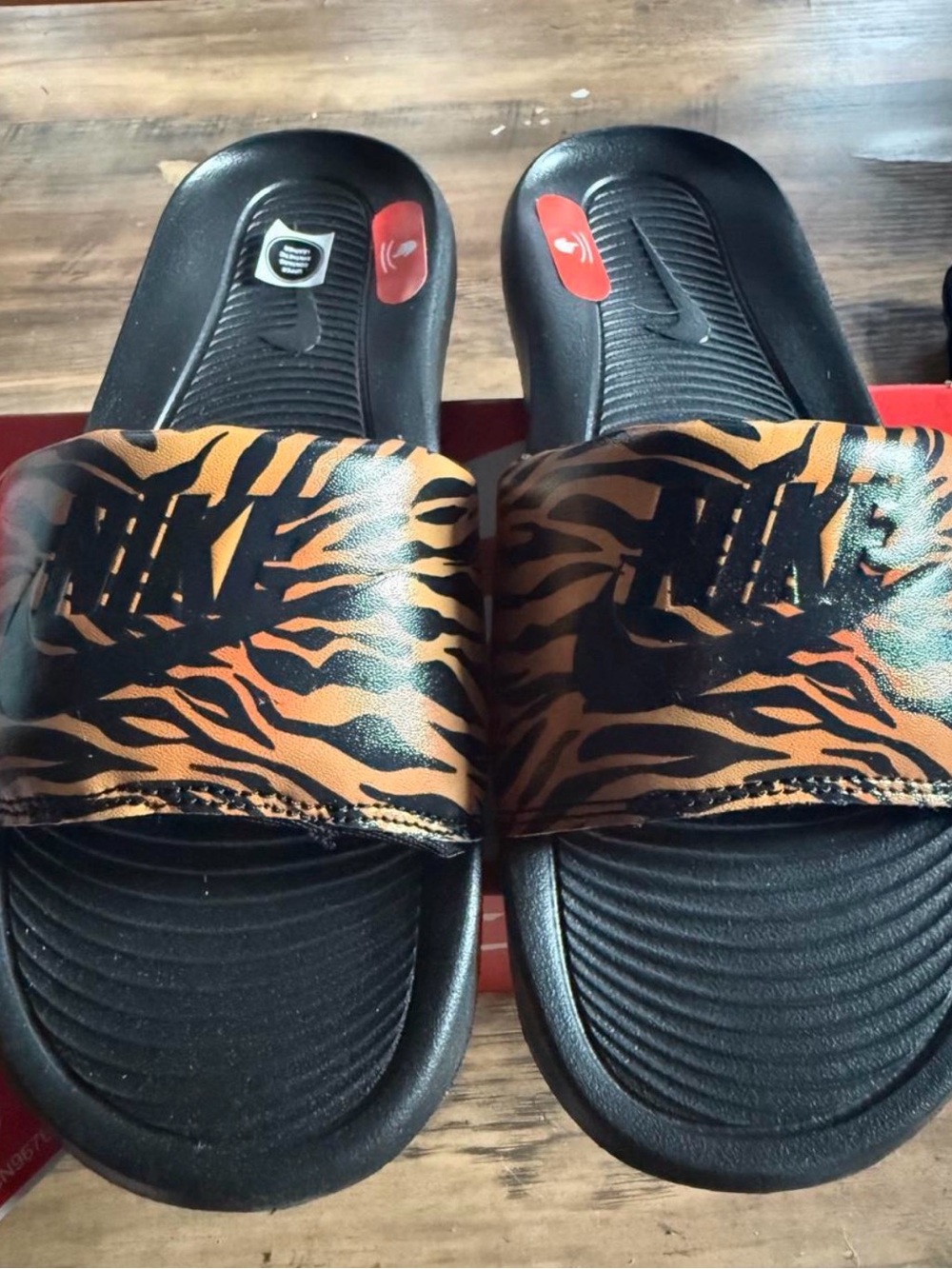 Women's Black and Orange Tiger Print Nike Slide Sandals Size 6